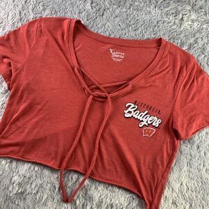 Wisconsin Badgers Shirt Womens Medium Red White Black Crop Top Vneck Tie Bucky